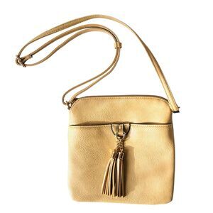 Slim Pebbled Vegan Leather Crossbody Bag Tan Tassels Adjustable Strap 9" x 9"